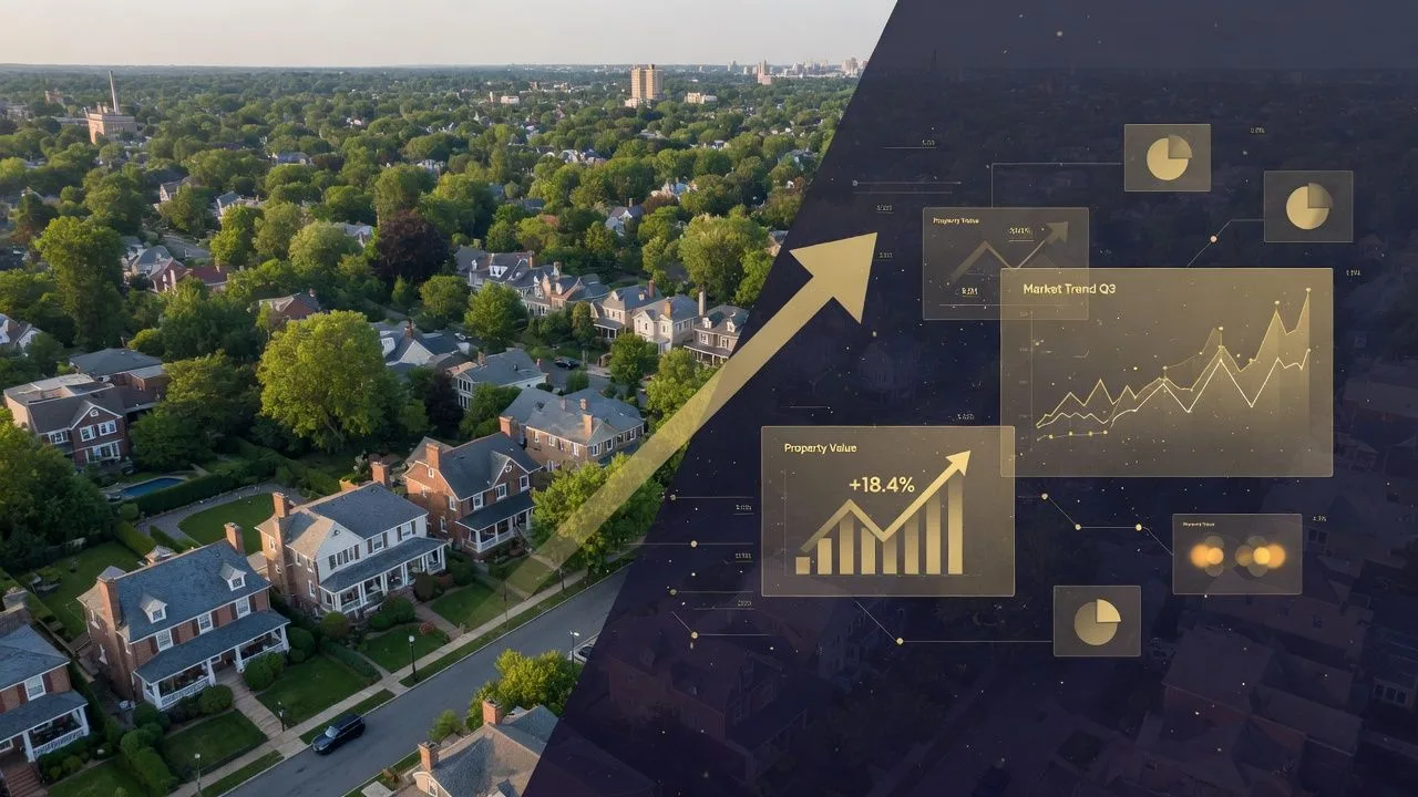 Aerial view of Southeastern Pennsylvania neighborhoods with data visualization overlay for real estate investment analysis