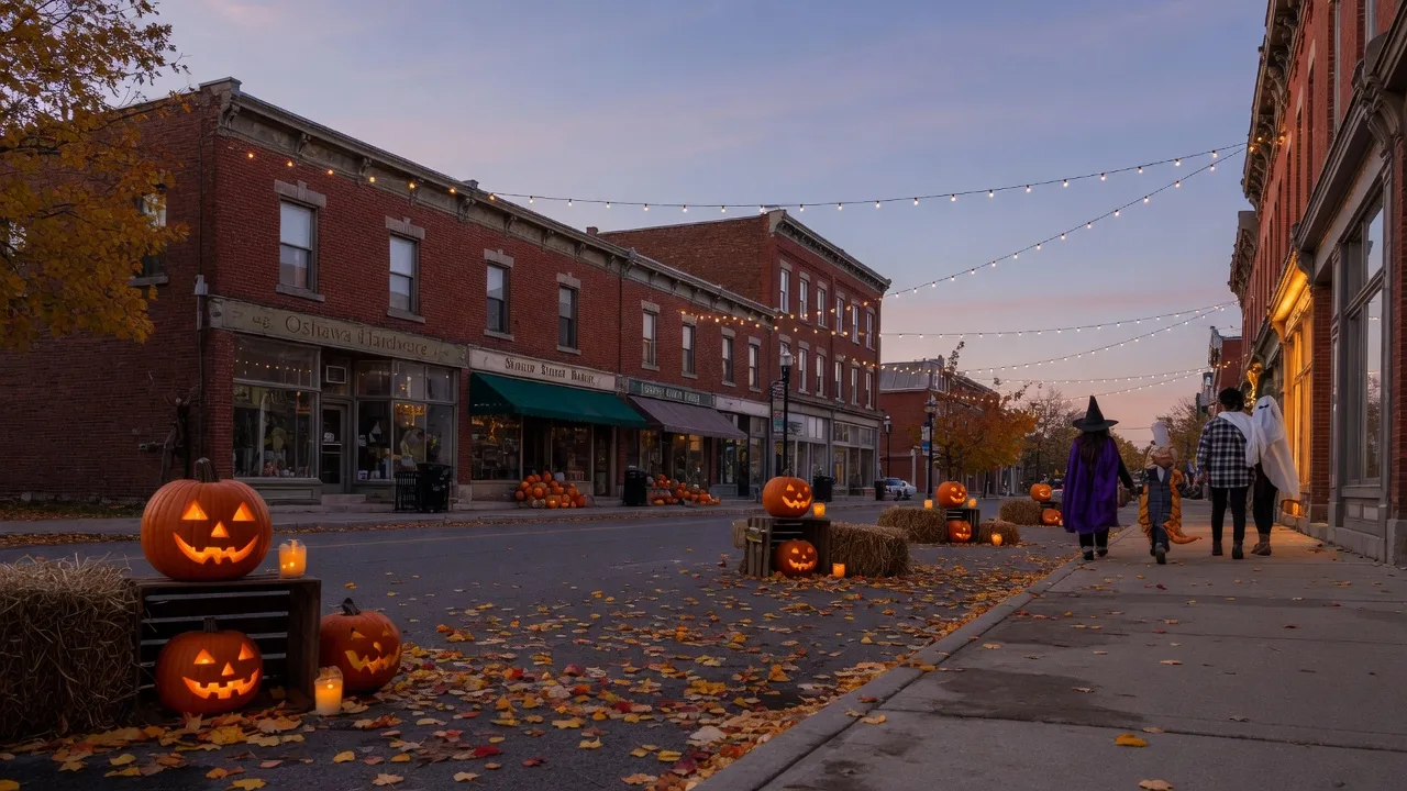 Downtown Oshawa brick storefronts lit with string lights, jack-o'-lanterns, and hay bales on a late October evening