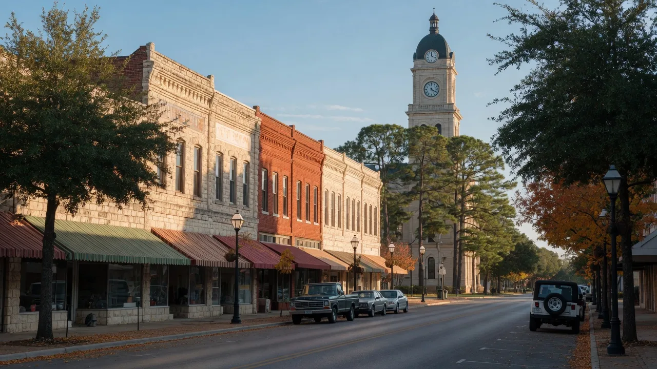 Historic downtown Bastrop, Texas on a clear autumn morning: a tree-lined Main Street with 19th-century brick and limestone storefronts, canvas awnings, vintage street lamps, and the courthouse clock tower rising in the distance