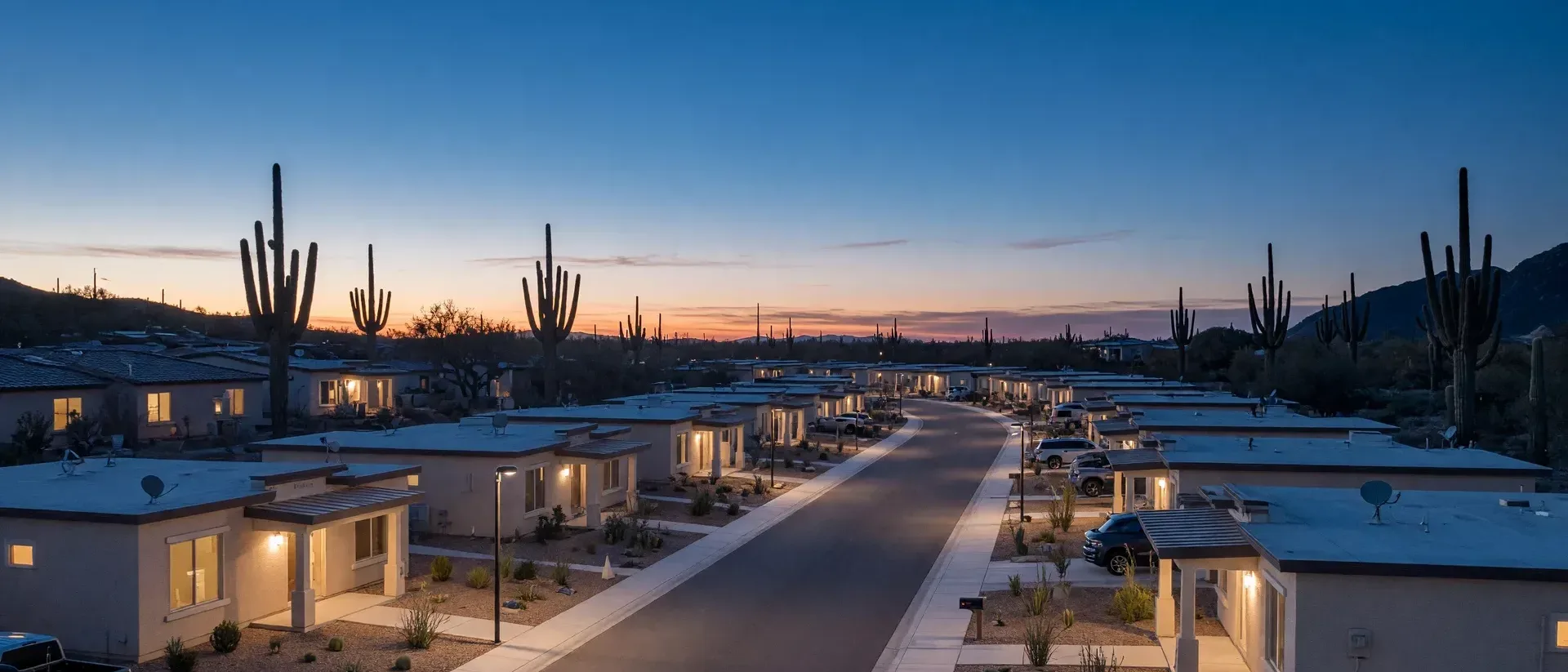A new Arizona home community at dusk with warm windows glowing
