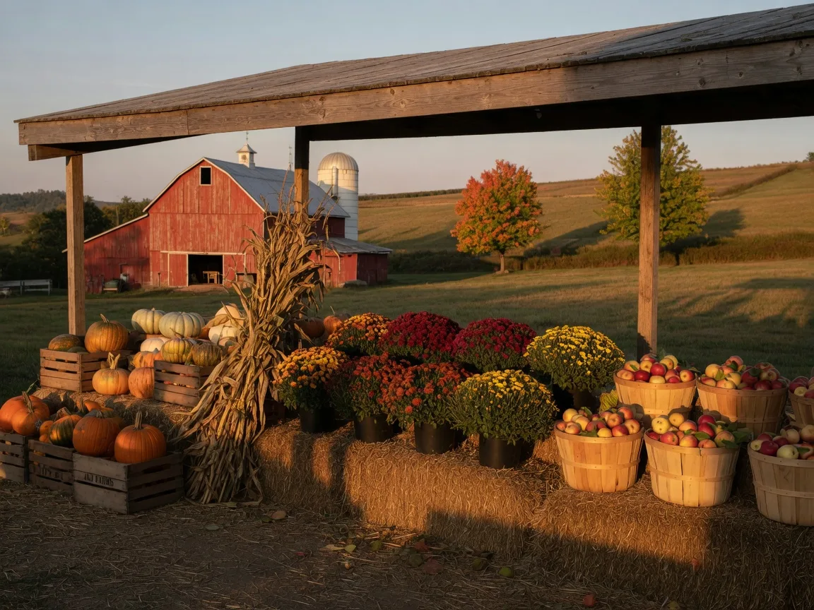 Pumpkins, corn stalks, mums and bushel baskets of apples stacked on hay bales under a farm stand awning, a red barn and rolling hills in late-afternoon light