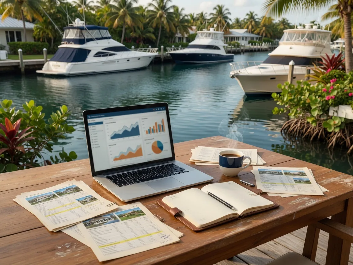 Luxury waterfront property market analysis on a laptop with printed MLS reports and a leather notepad, set on a teak table overlooking a deep-water canal with yachts in morning light