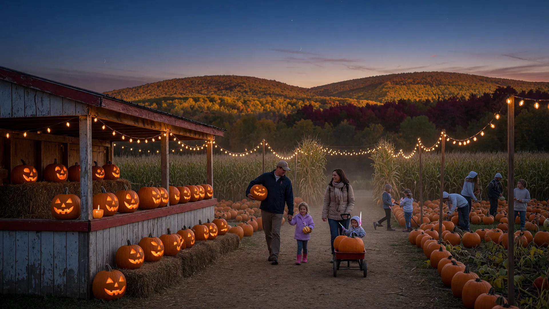 A Lehigh Valley pumpkin patch and corn maze at dusk in late October, warm string lights over a farm stand, candlelit jack-o-lanterns on hay bales, and the Blue Mountain ridge in amber fall color on the horizon