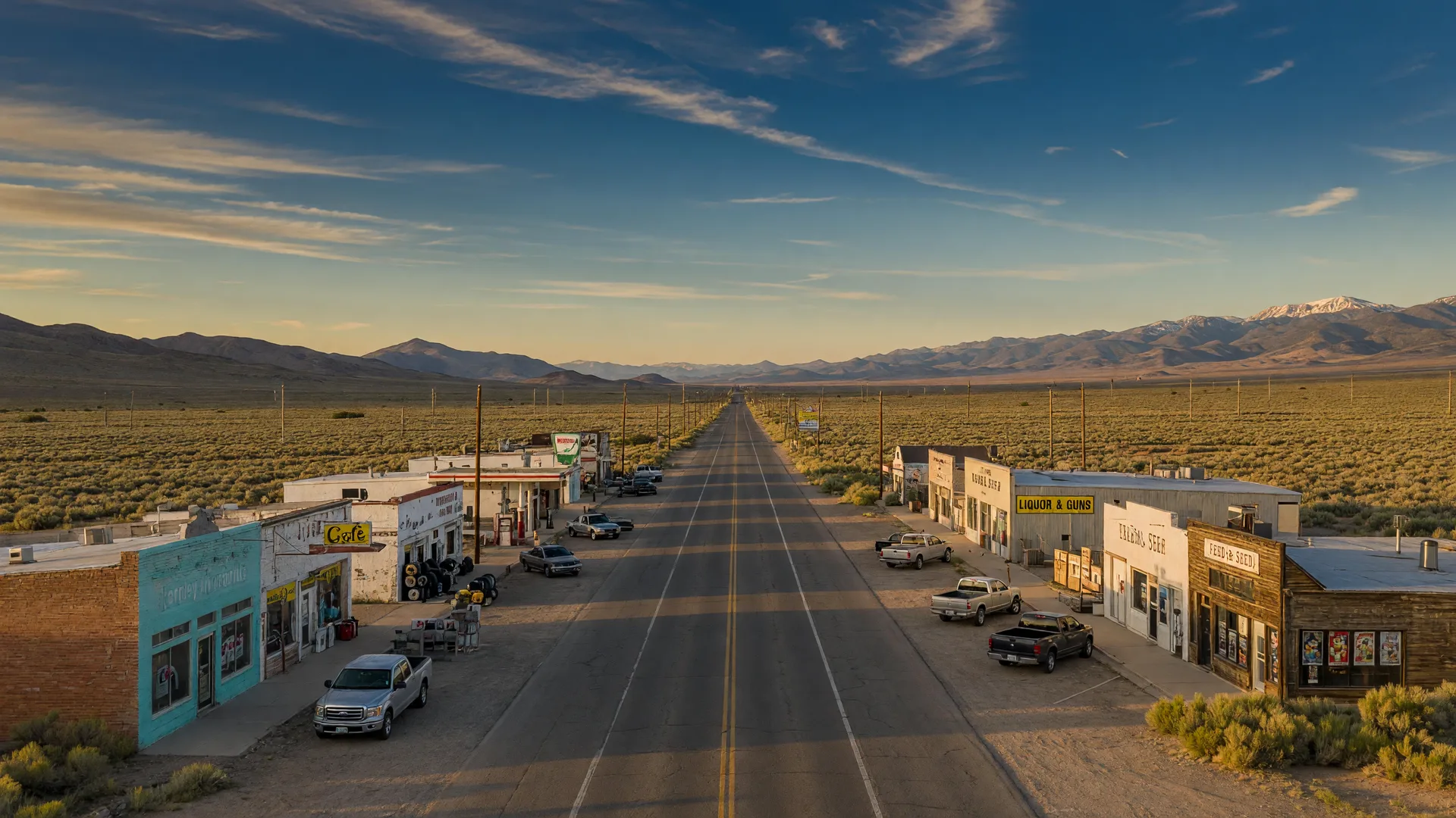 Fernley Nevada high desert landscape with sagebrush plains, the US-50 highway corridor, and distant mountain ranges under a clear blue sky