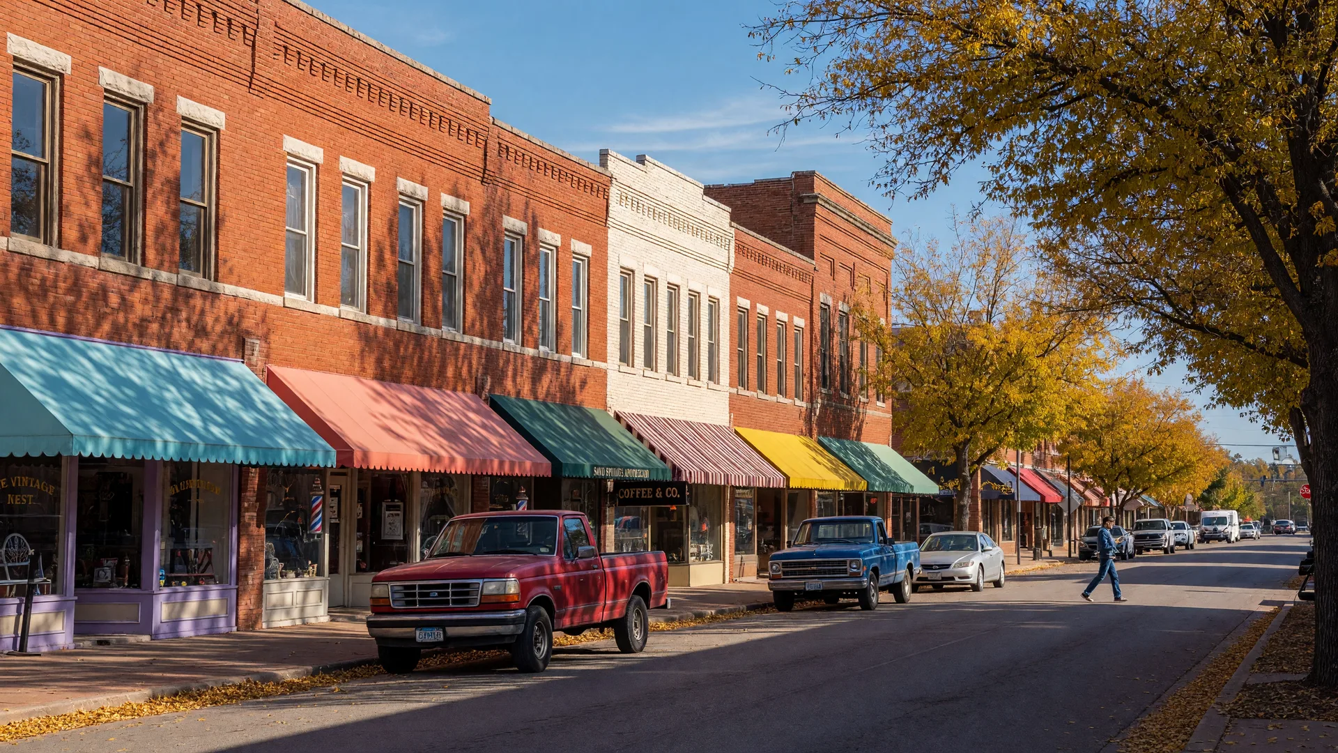 Downtown Sand Springs, Oklahoma main street with historic brick storefronts, colorful awnings, and mature oak trees with golden autumn leaves on a bright morning