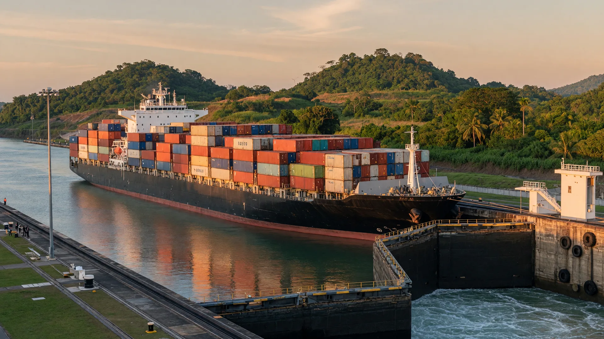A large cargo container ship transiting the Panama Canal's Miraflores locks at golden hour
