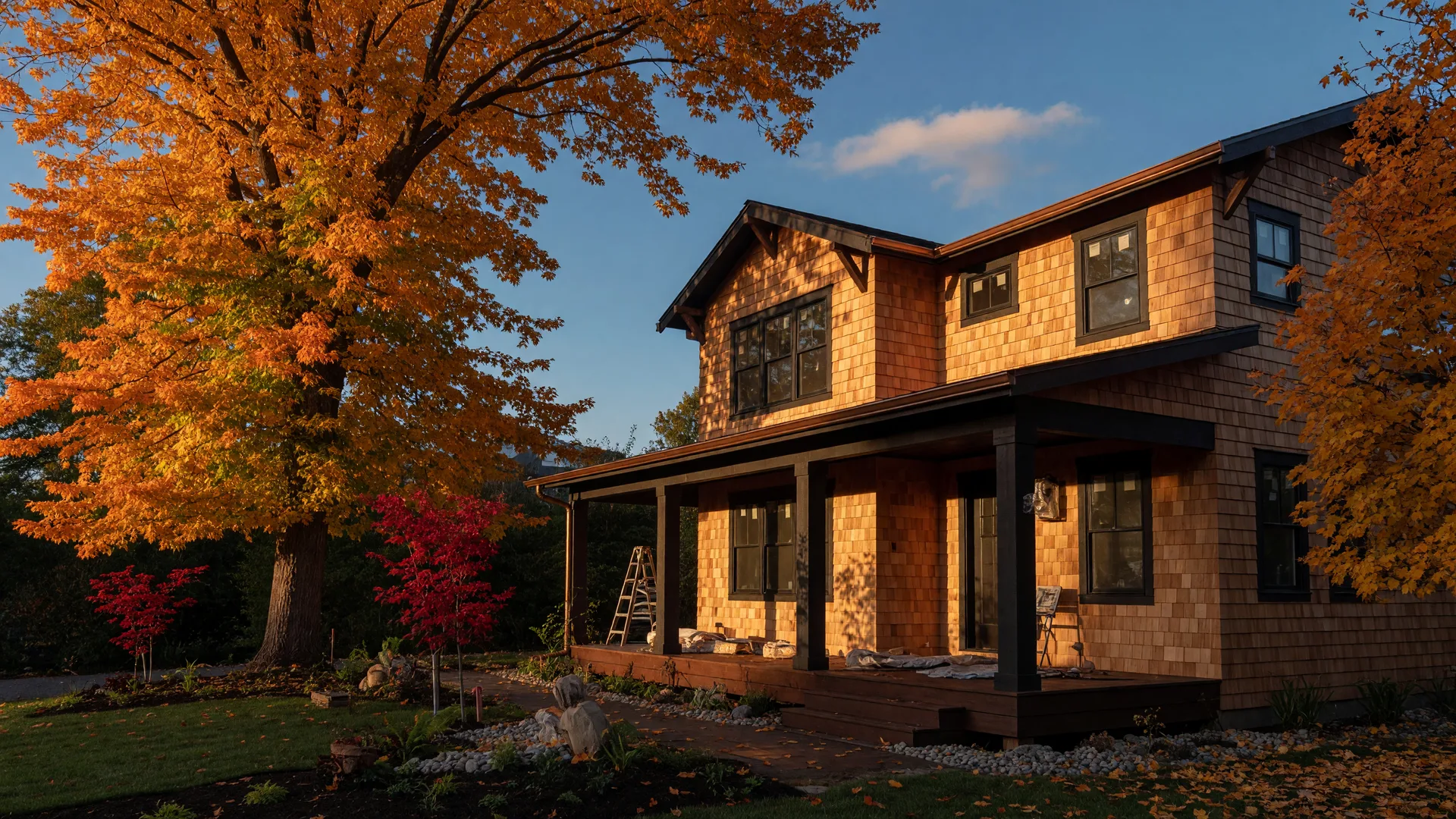 A newly built modern craftsman home in the Pacific Northwest in mid-October, warm autumn light, cedar siding, and maple foliage