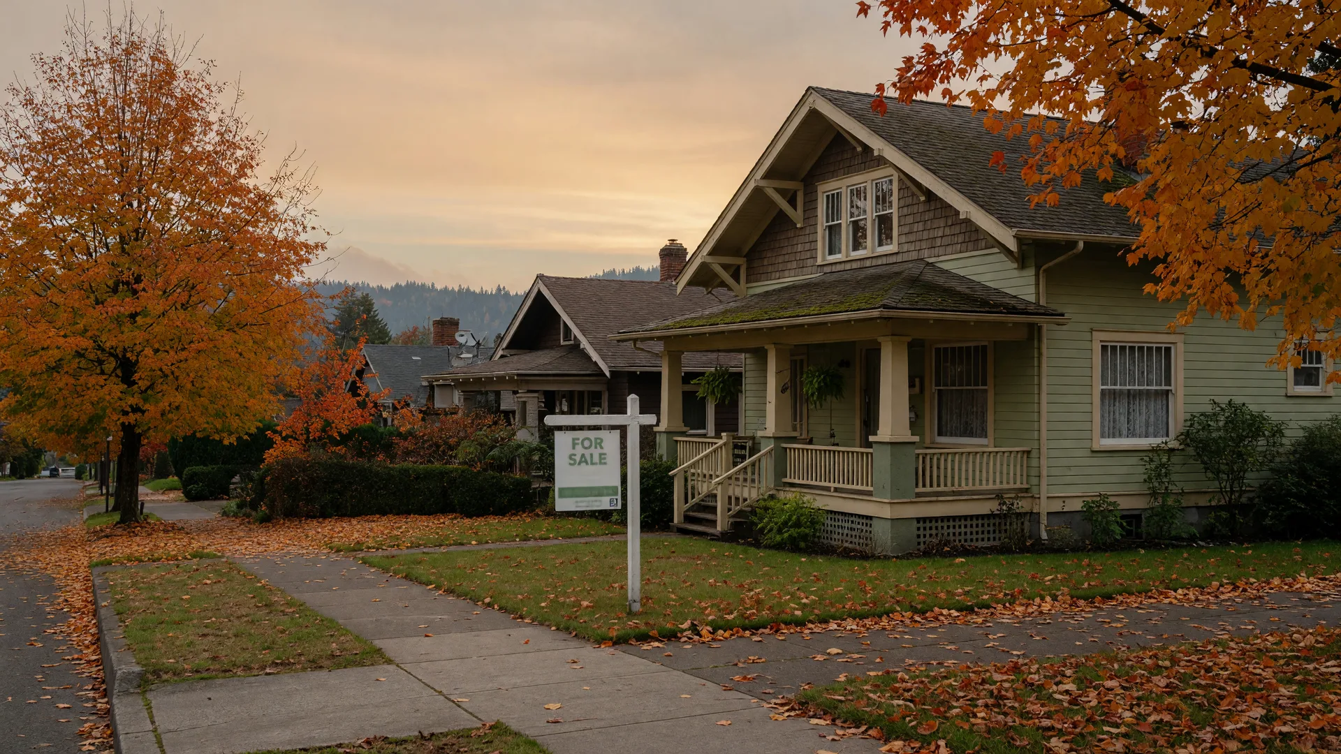 A craftsman-style home on a quiet Portland-area street in late September, a for-sale sign in the yard, maples turning gold and orange under a soft evening sky