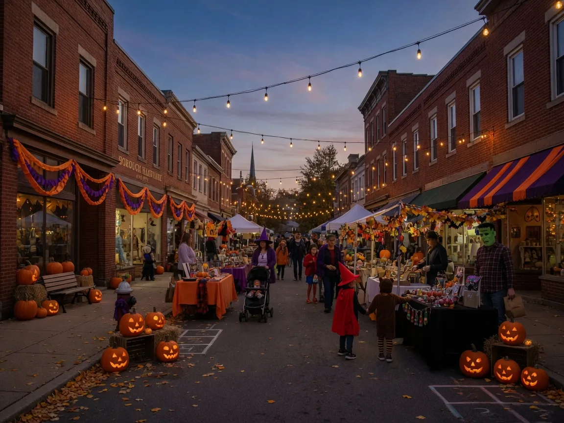 A small Pennsylvania borough downtown street hosting a family Halloween street festival on a late-October evening, vintage brick storefronts with orange-and-purple bunting and carved pumpkins on the sidewalks, warm market lights overhead, costumed families walking between craft vendor booths in the distance, a twilight blue sky above the rooftops