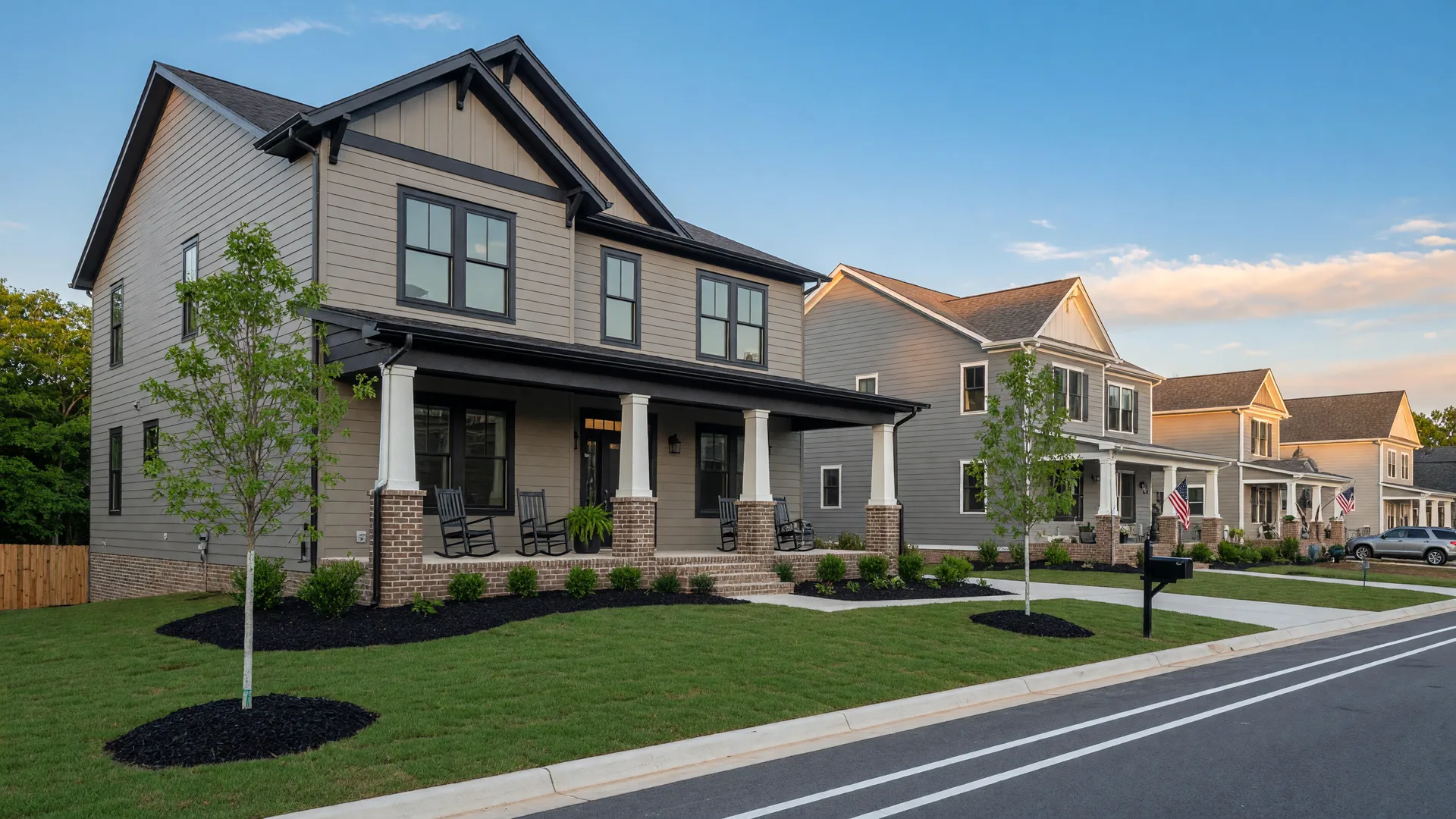 Brand new craftsman style home with a wide front porch in a North Atlanta community
