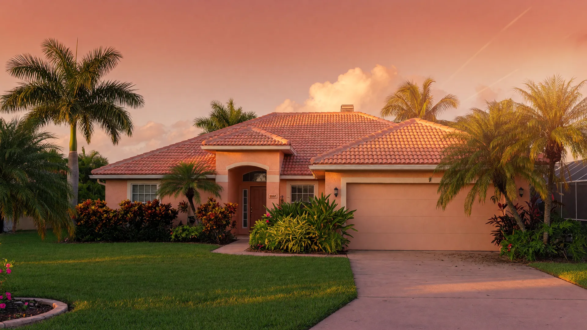 Warm golden-hour view of a Southwest Florida home with stucco walls and a clay tile roof, framed by palm trees under a coral and peach sky