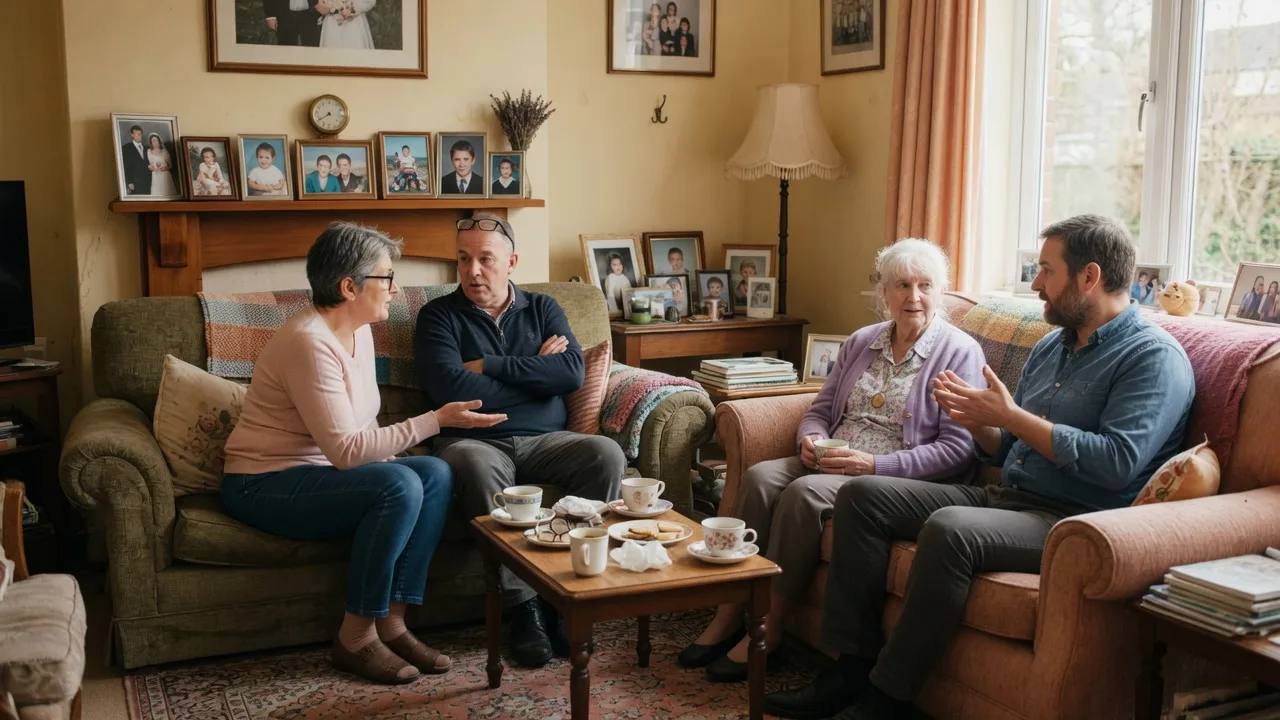 Adult siblings and elderly parent having a warm family discussion in a cozy living room