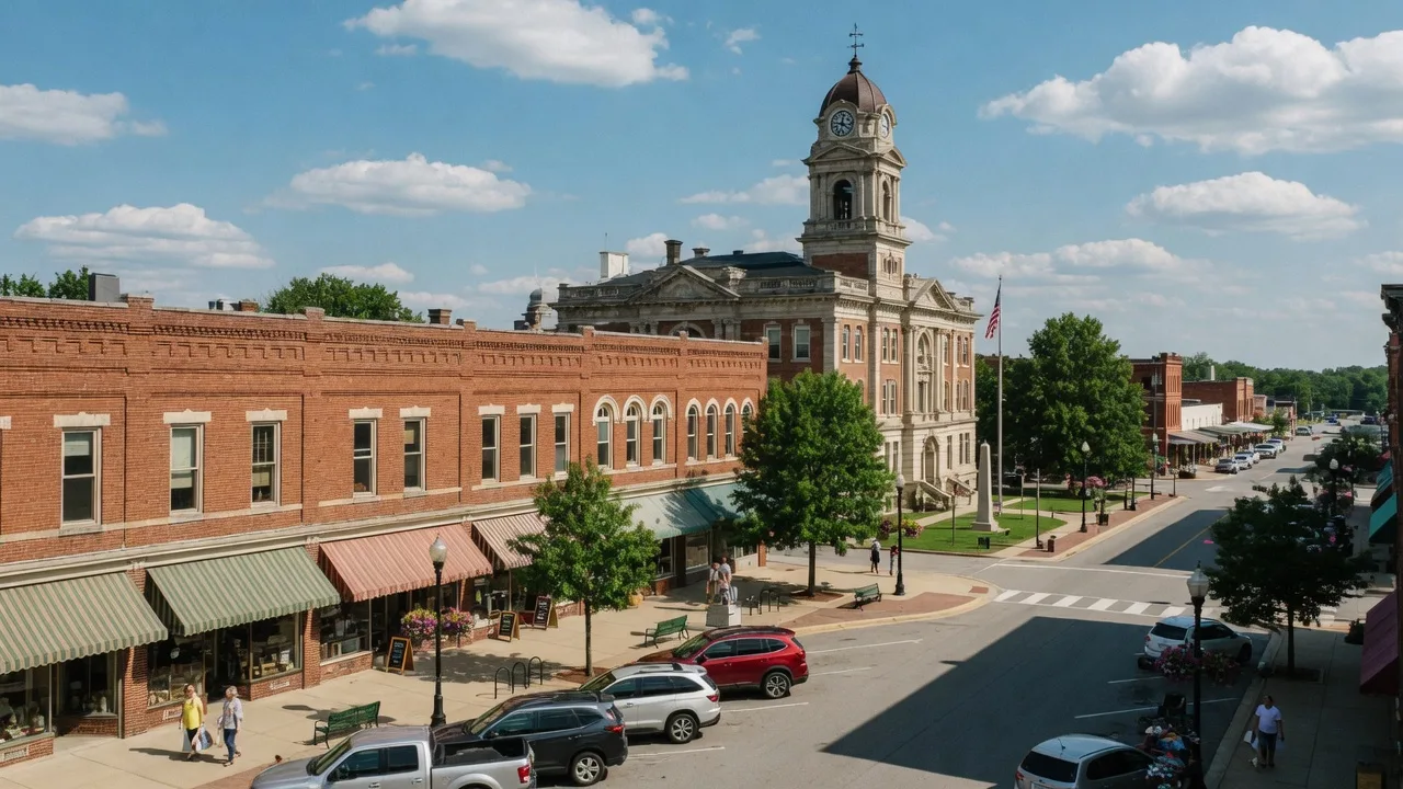 Greenwood's historic Main Street district with brick storefronts, the Johnson County courthouse, and small-city downtown character