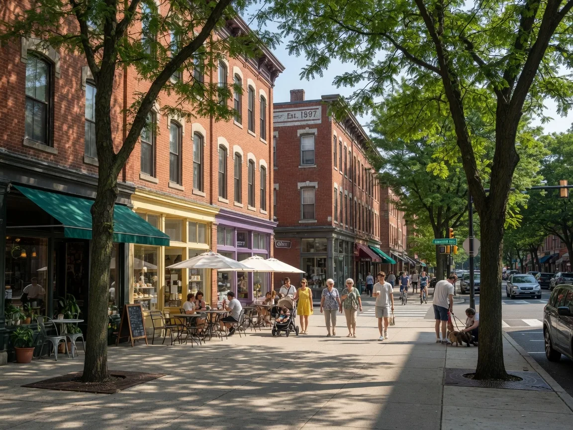 Bloomfield Avenue in downtown Montclair NJ with historic brick storefronts, outdoor cafe seating, and pedestrians on a bright summer morning
