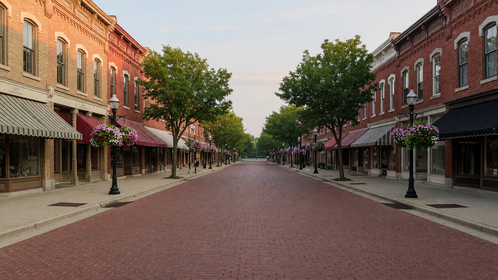 Zionsville's historic brick-paved Main Street village with charming storefronts, hanging flower baskets, and mature trees in soft morning light