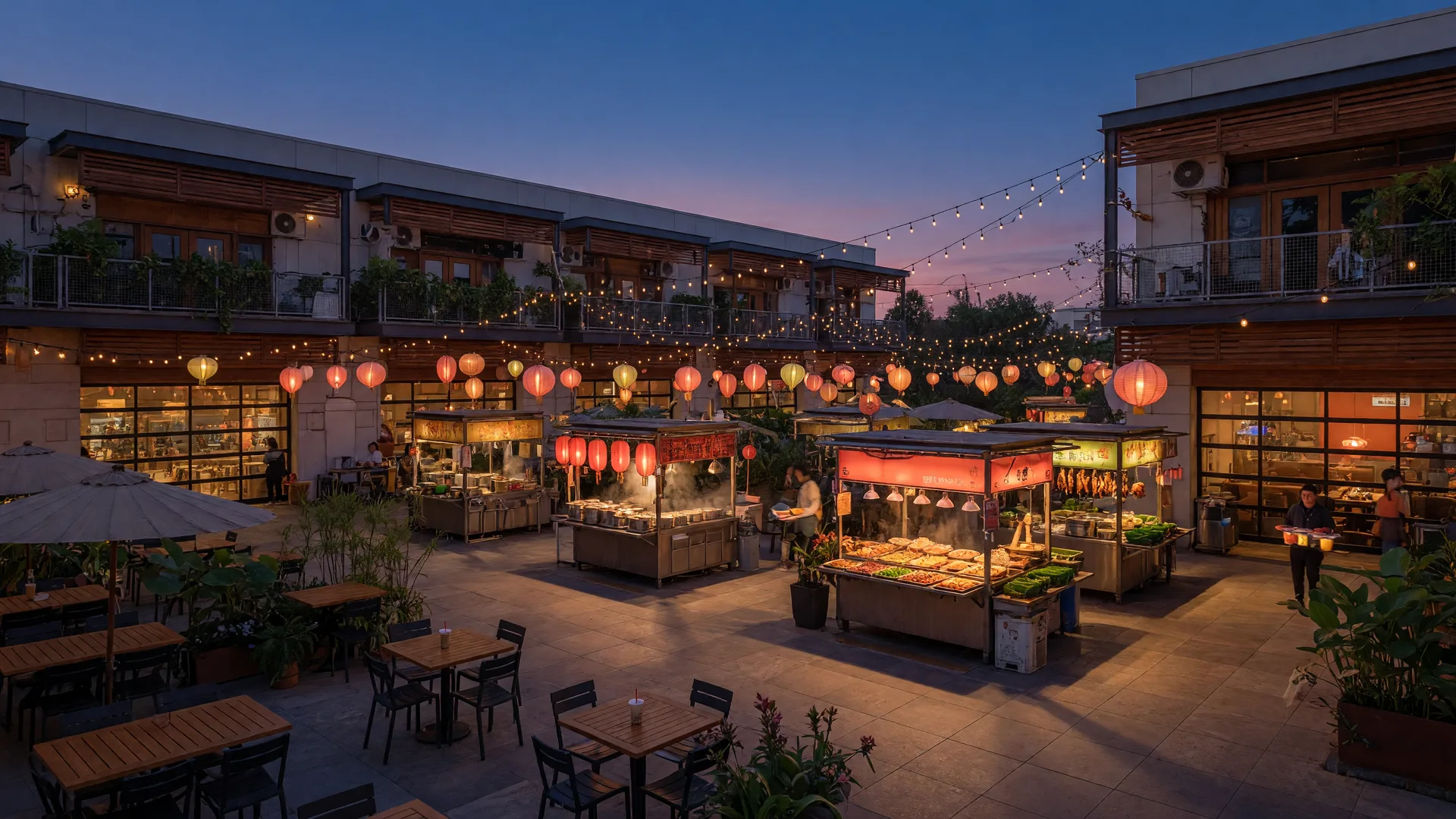 Illustrative image of a modern open-air food hall plaza with warm evening lights