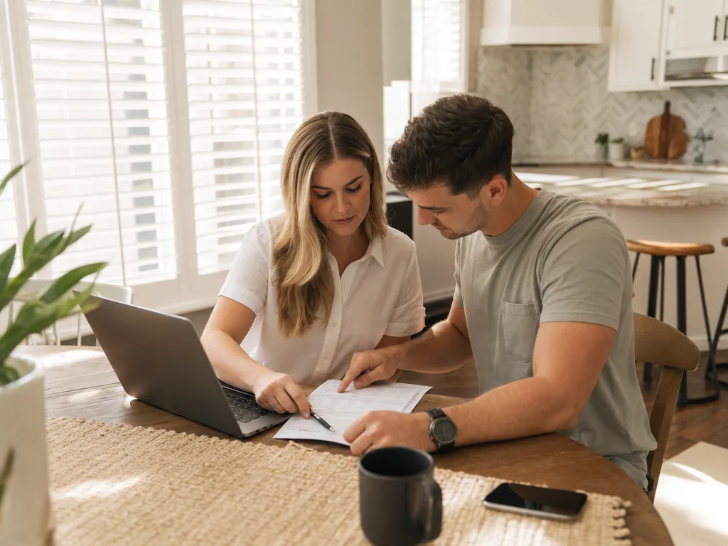 A young couple reviewing a real estate offer document together at a sunlit kitchen table in a Gilbert Arizona home