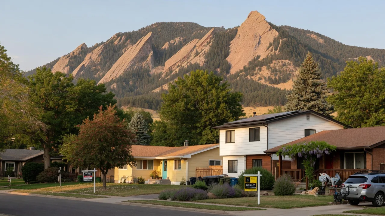 Residential neighborhood in Boulder Colorado with Flatiron Mountains in background at golden hour, featuring For Sale signs among well-maintained homes