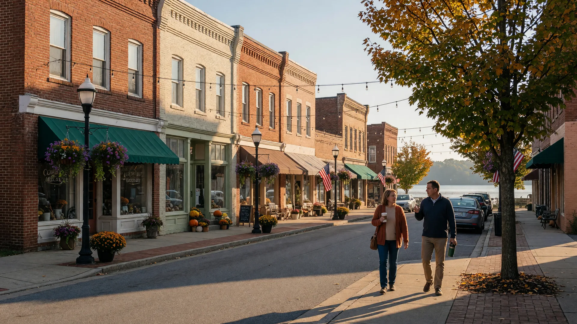 Downtown Cornelius, North Carolina in early October with brick storefronts, hanging flower baskets, and autumn trees along Catawba Avenue