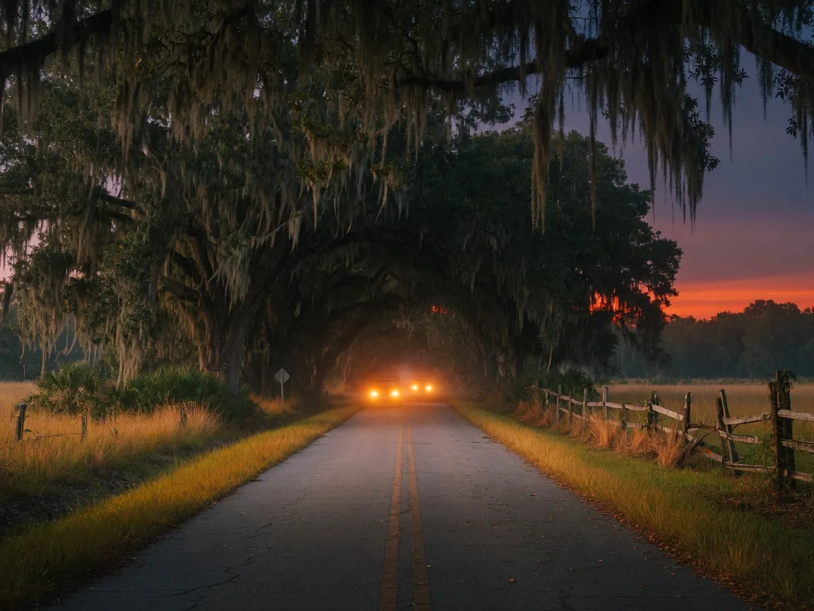 Quiet oak-lined country road near Mascotte, Florida at dusk