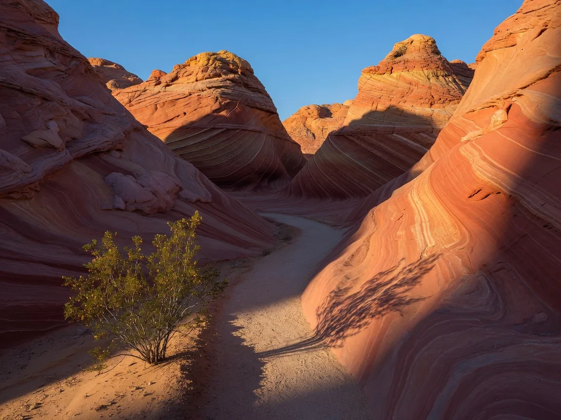 Red sandstone canyon trail in the Mojave Desert at sunrise