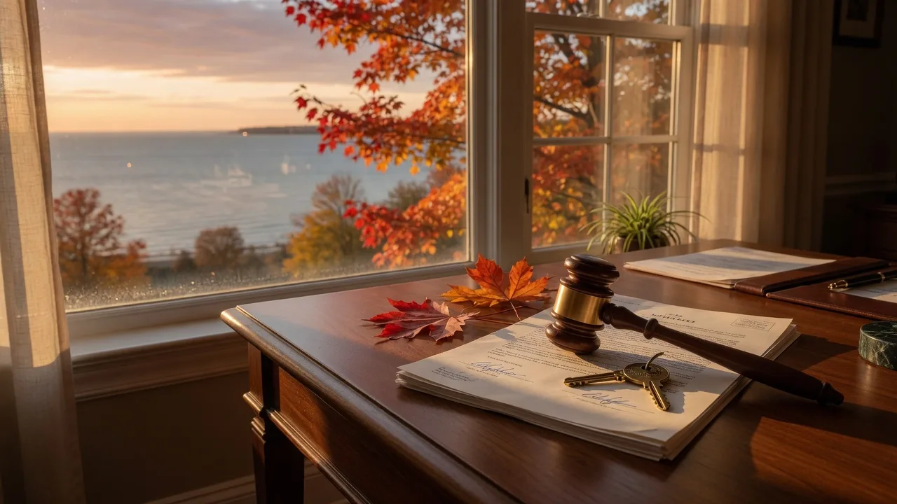 Walnut desk in a Northeast Ohio home office at golden hour with an auction gavel beside a signed real estate contract and a brass house key, autumn maple leaves visible through the window