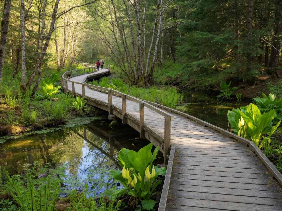 A boardwalk trail winding through the wetlands and forest of a Beaverton nature park