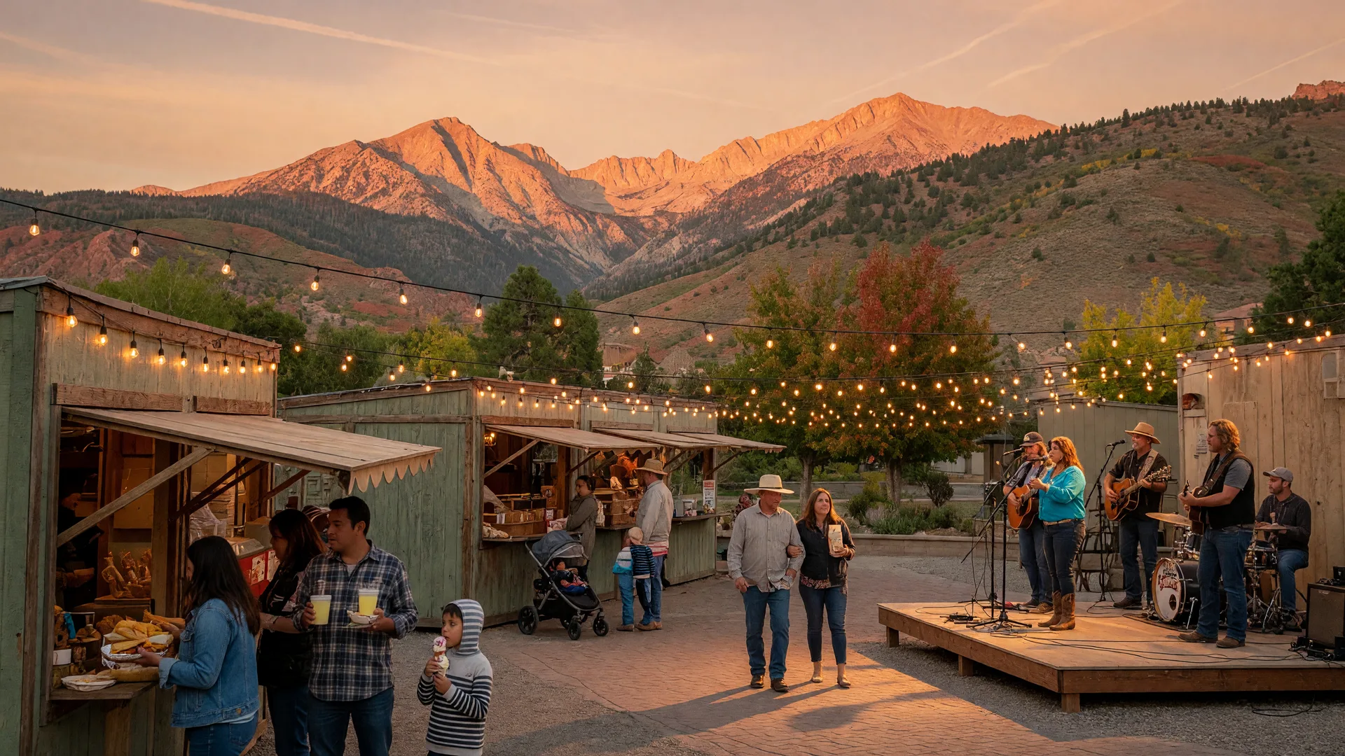 A Northern Nevada town plaza on a late-summer evening with string lights, a small live band, and vendor stalls against the gold-toned Sierra Nevada mountains.