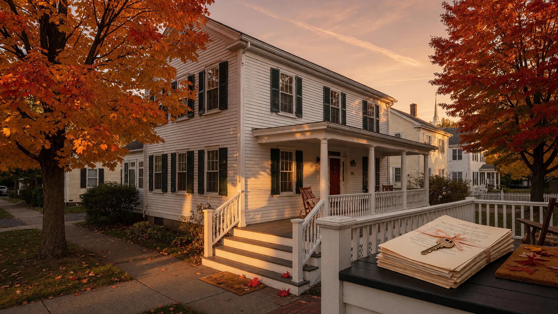 A classic white clapboard New England colonial home in a New Haven neighborhood at golden hour in mid-October, with dark shutters, a front porch, autumn maples, and a brass key beside estate documents on the railing