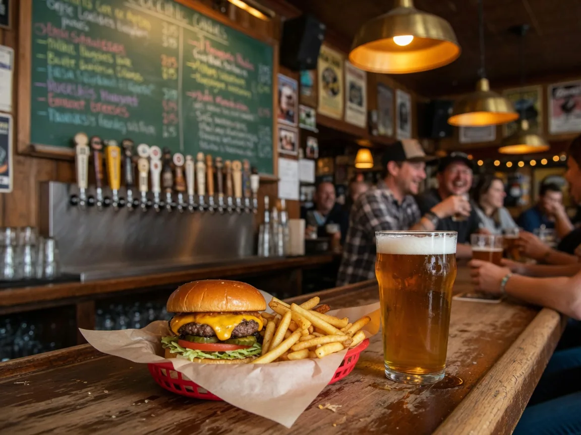 A pub burger with fries and a pint of amber ale at a neighborhood bar and grill