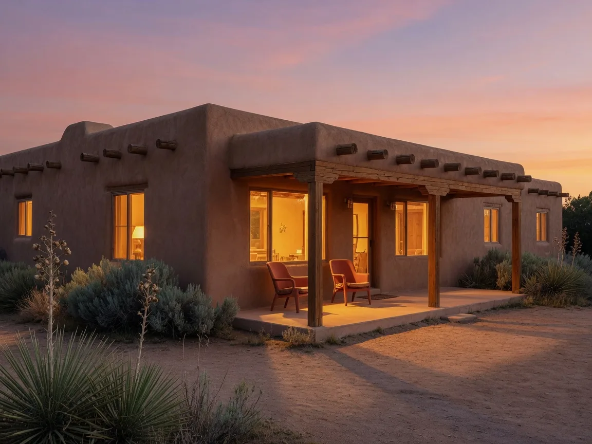 A classic New Mexico adobe home at dusk with warm light in the windows