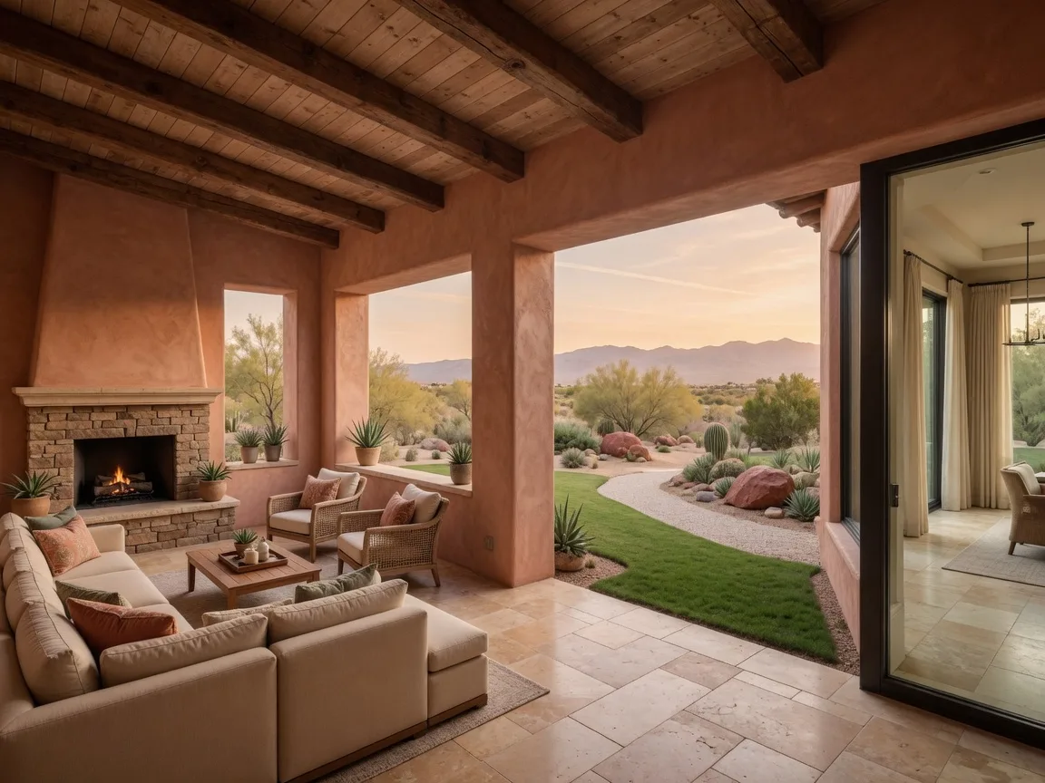 Covered loggia patio with an outdoor fireplace, seating and sliding glass doors at a Las Vegas desert home