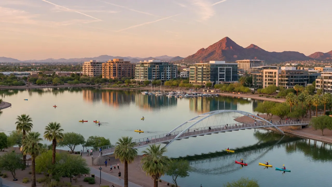 Tempe Town Lake in Arizona at late afternoon with modern mid-rise buildings, a pedestrian bridge, and Camelback Mountain on the horizon