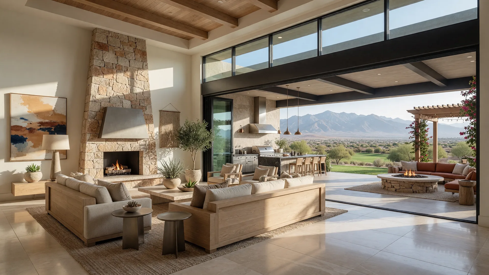 A light-filled great room in a desert-luxury Summerlin home with valley and mountain views through retractable glass doors