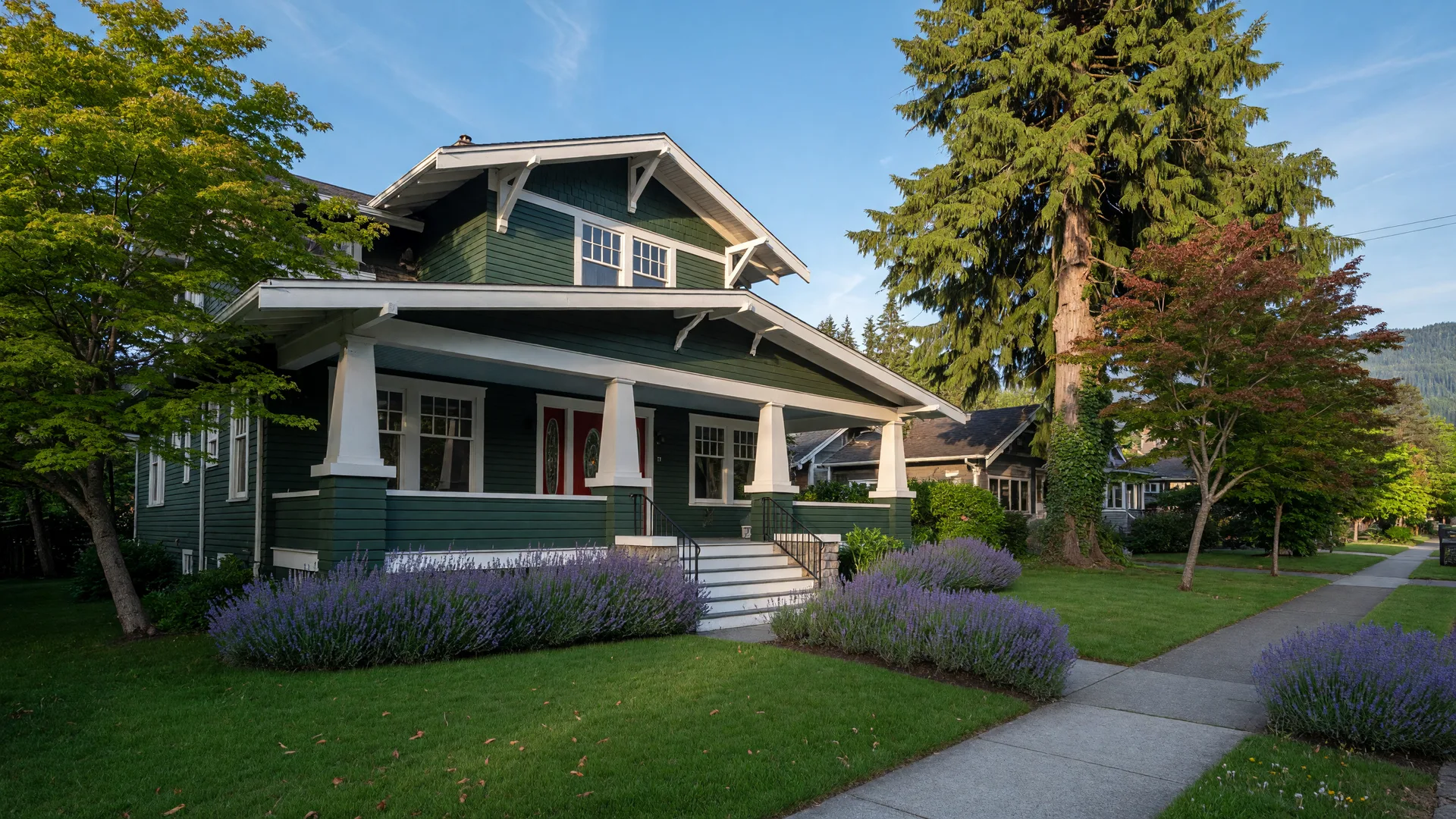 A Pacific Northwest craftsman home on a tree-lined street