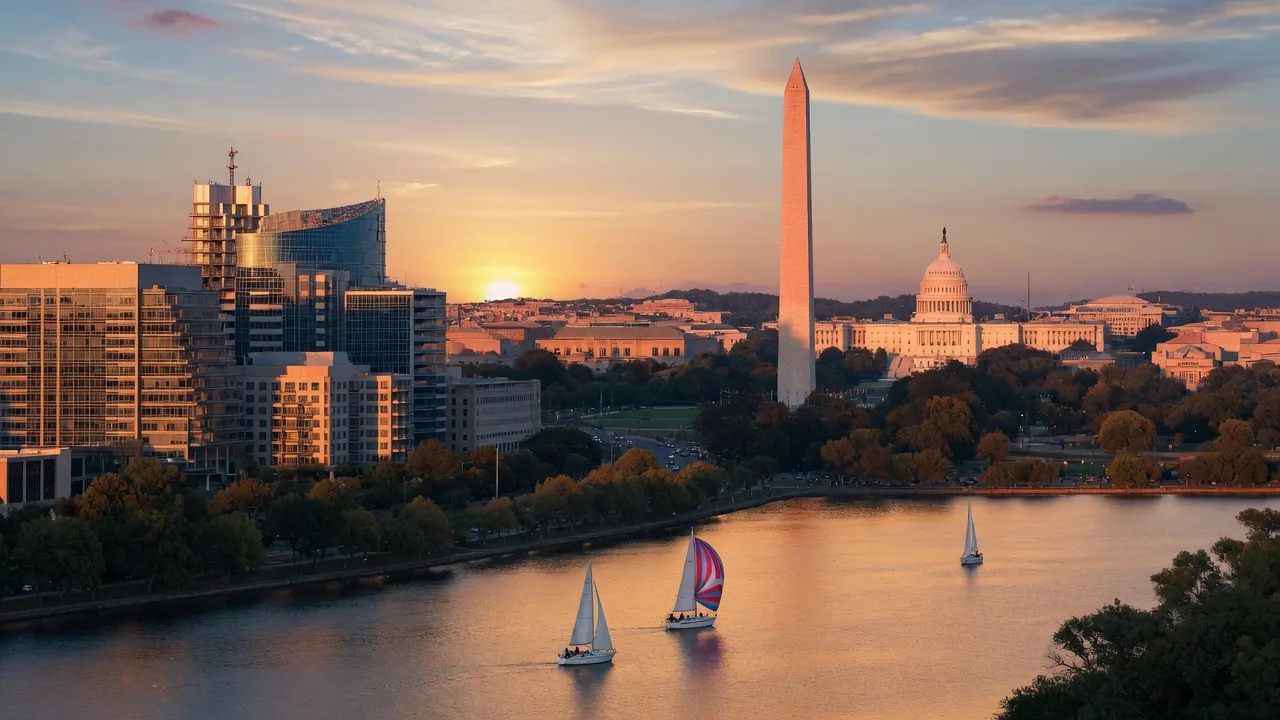 Washington DC skyline at golden hour across the Potomac River, with the Washington Monument, US Capitol, and Rosslyn skyline in Arlington visible from the waterfront