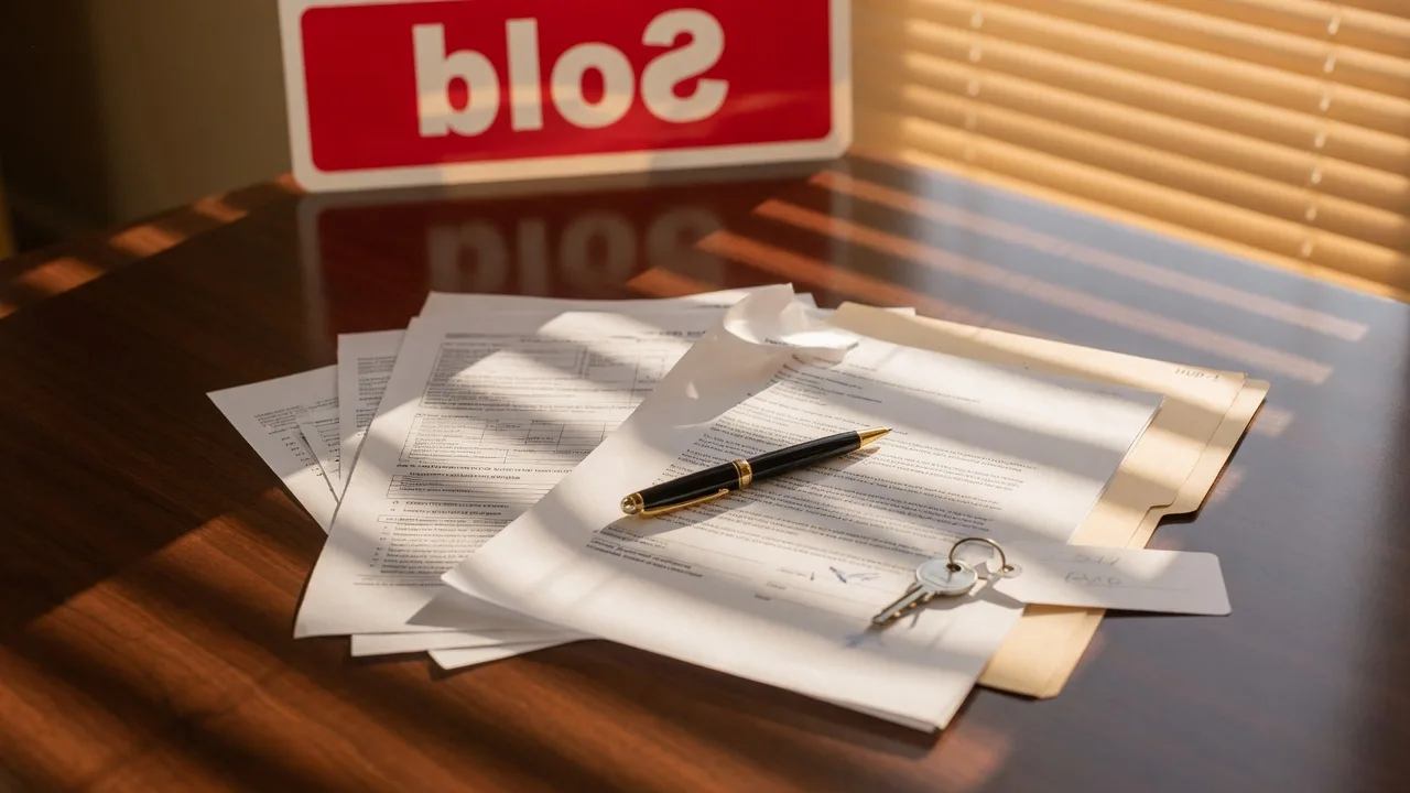 Real estate closing table with documents, pen, and key illuminated by warm afternoon sunlight.