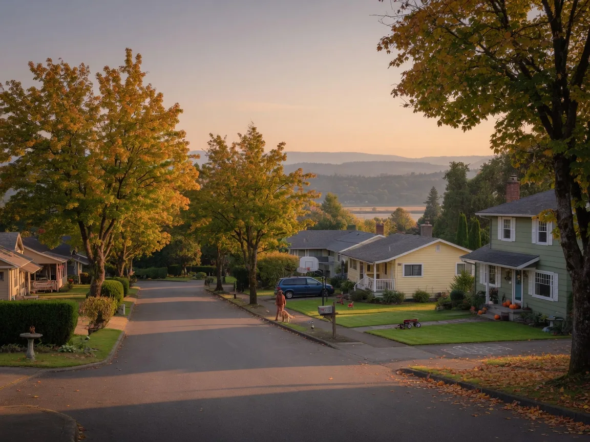 A tree-lined suburban residential street in the Sunnyside area of Clackamas with family-friendly homes and a glimpse of the river valley at golden hour