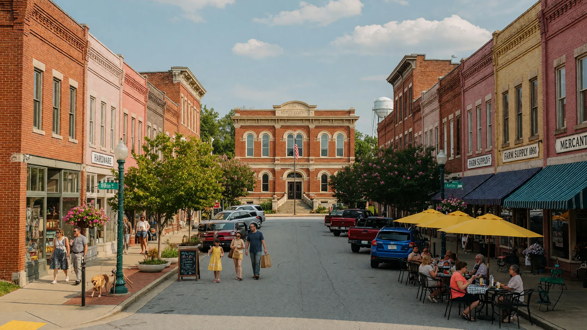 Downtown Cartersville, Georgia on a sunny afternoon with historic brick storefronts, outdoor cafe seating, and the Booth Western Art Museum in the distance