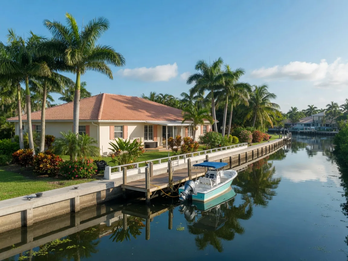 A Palm Beach County waterfront canal neighborhood with a private dock and moored boat on a bright late-summer morning