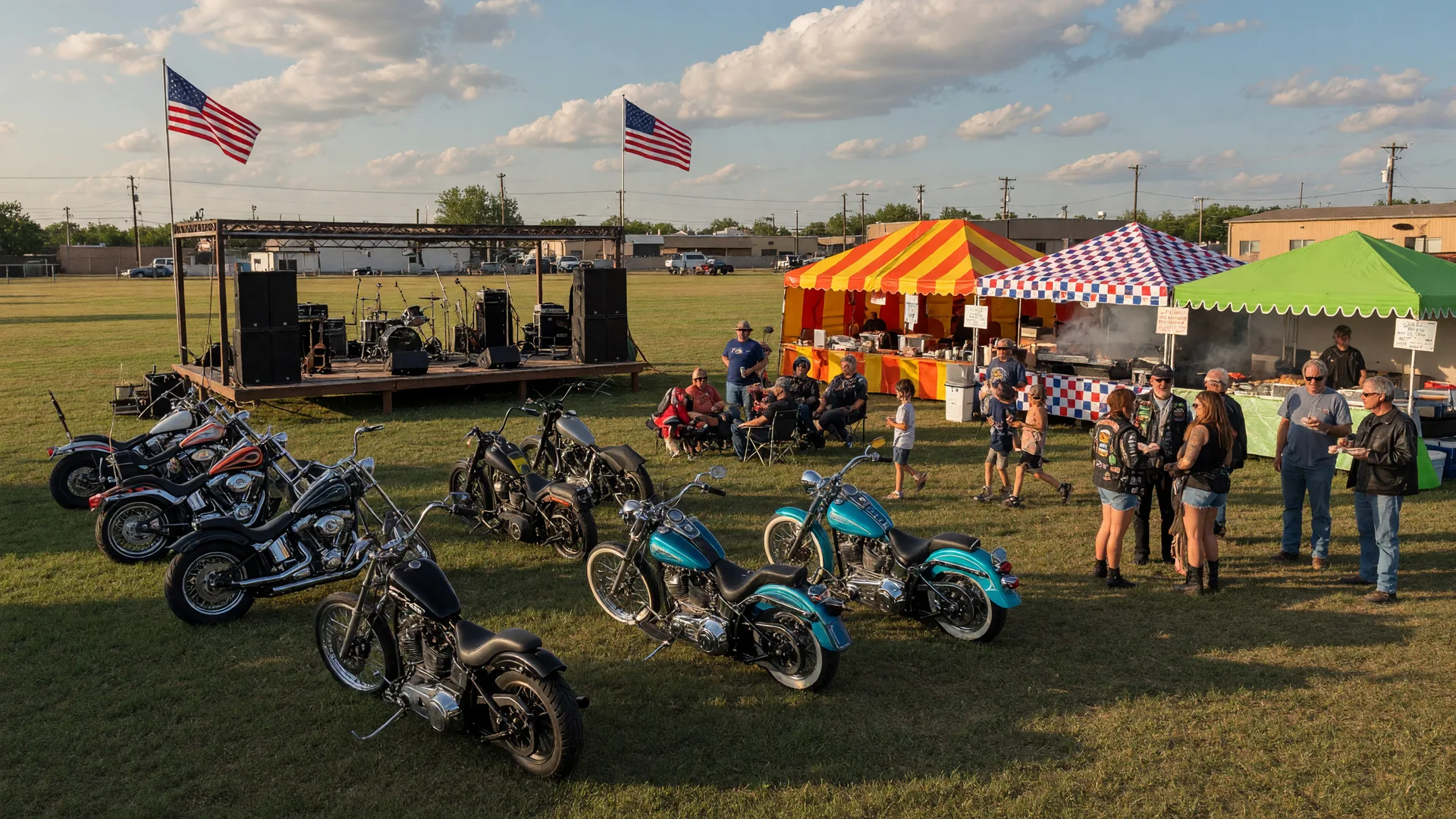 A vibrant motorcycle rally in a small Texas town with rows of custom motorcycles, a stage with sound equipment, and food vendor tents