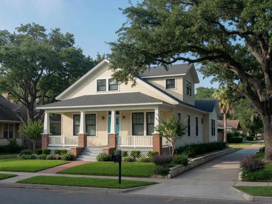 A renovated and expanded older Alamo Heights home with new windows and a tasteful addition among mature oaks