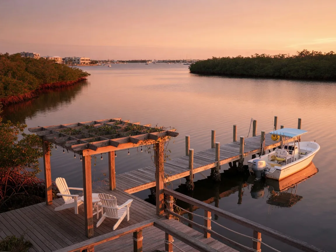 A shaded dock and pergola with Adirondack chairs over calm Naples Bay at golden hour