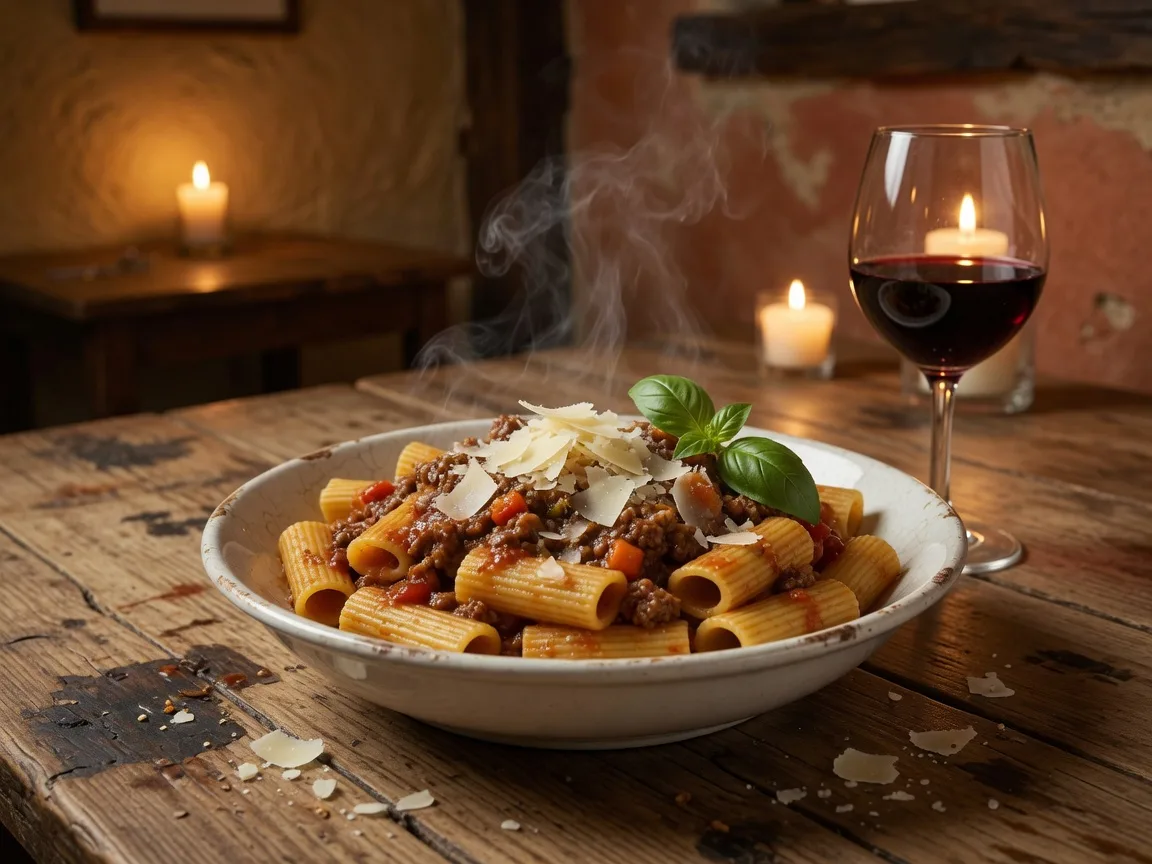 Rigatoni bolognese with parmesan shavings and basil served with a glass of red wine at Parma Tavern in Buford Georgia