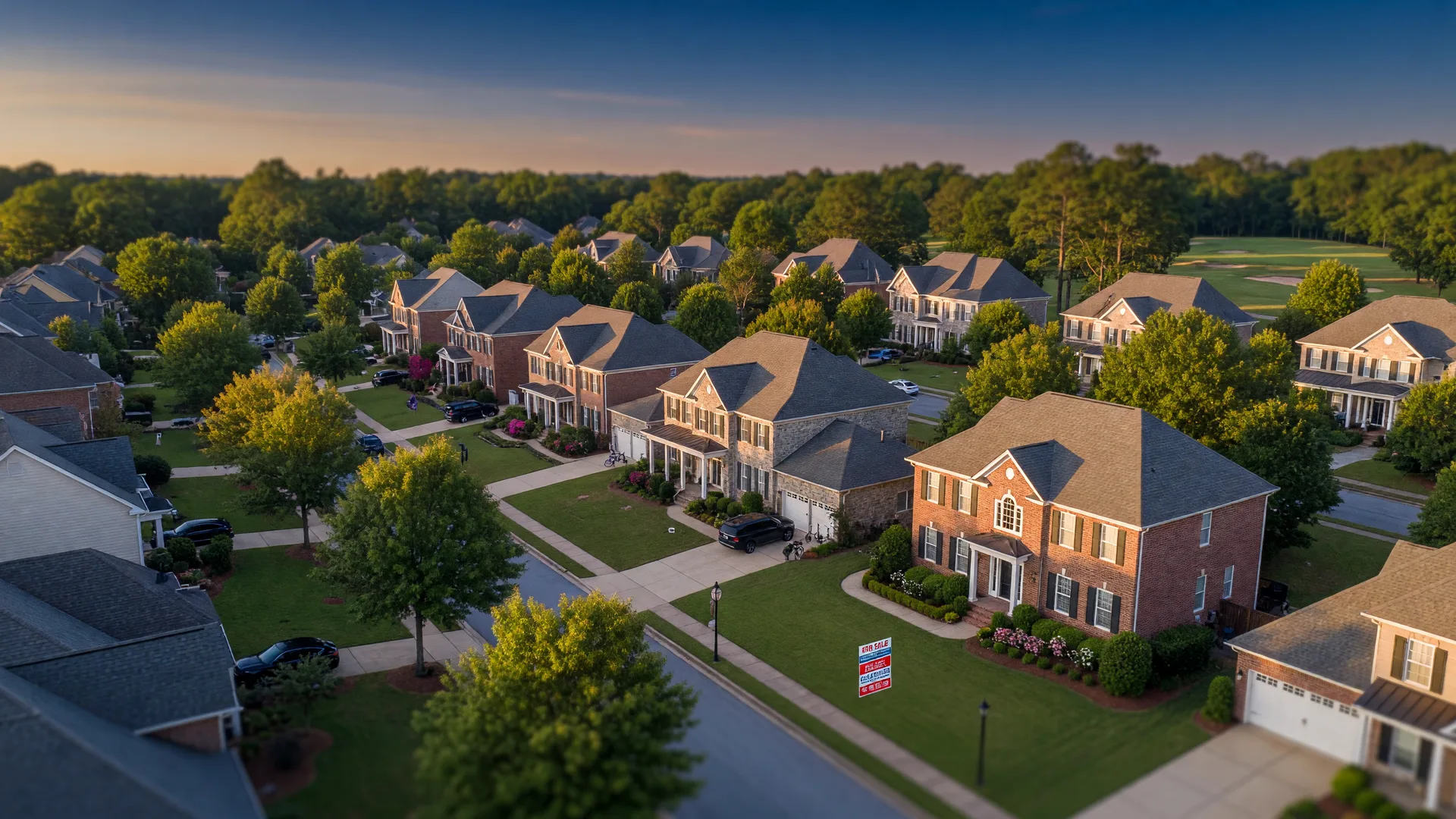 Aerial view of a luxury Atlanta suburban neighborhood at golden hour with homes and For Sale sign visible