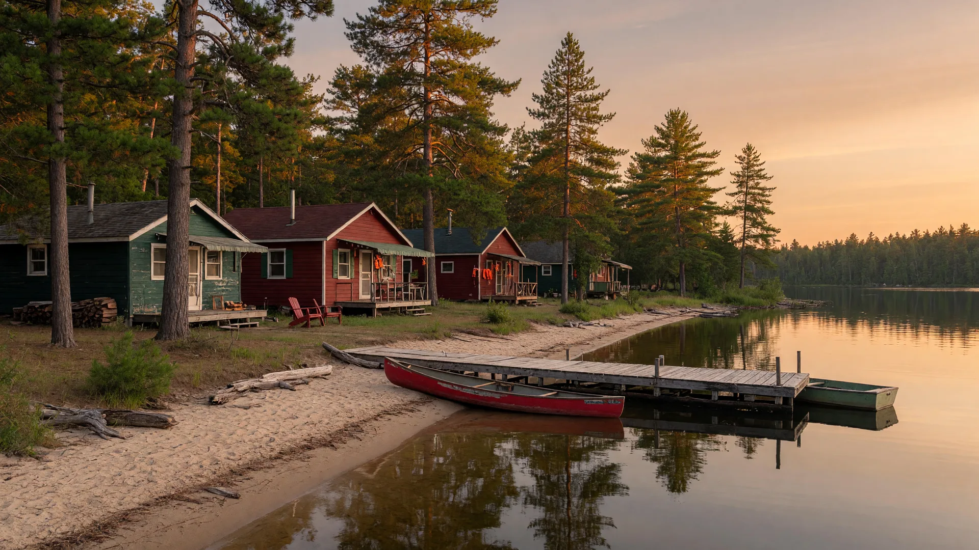 Classic red and green wooden cabins tucked among pines along a sandy Minnesota lake shoreline with a wooden dock at golden hour