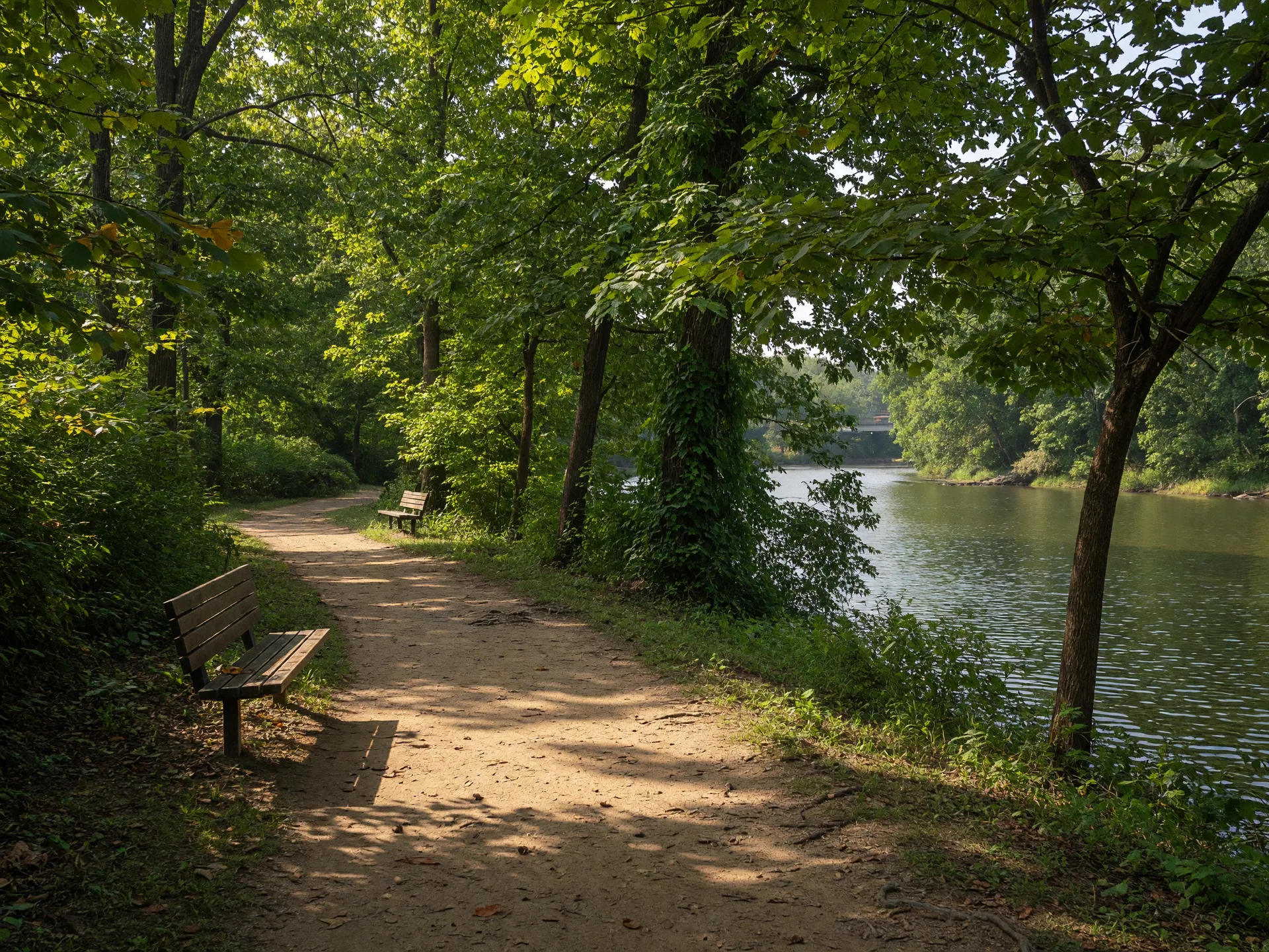 A tree-lined walking trail along the Occoquan River with dappled sunlight, wooden benches, and a peaceful natural setting