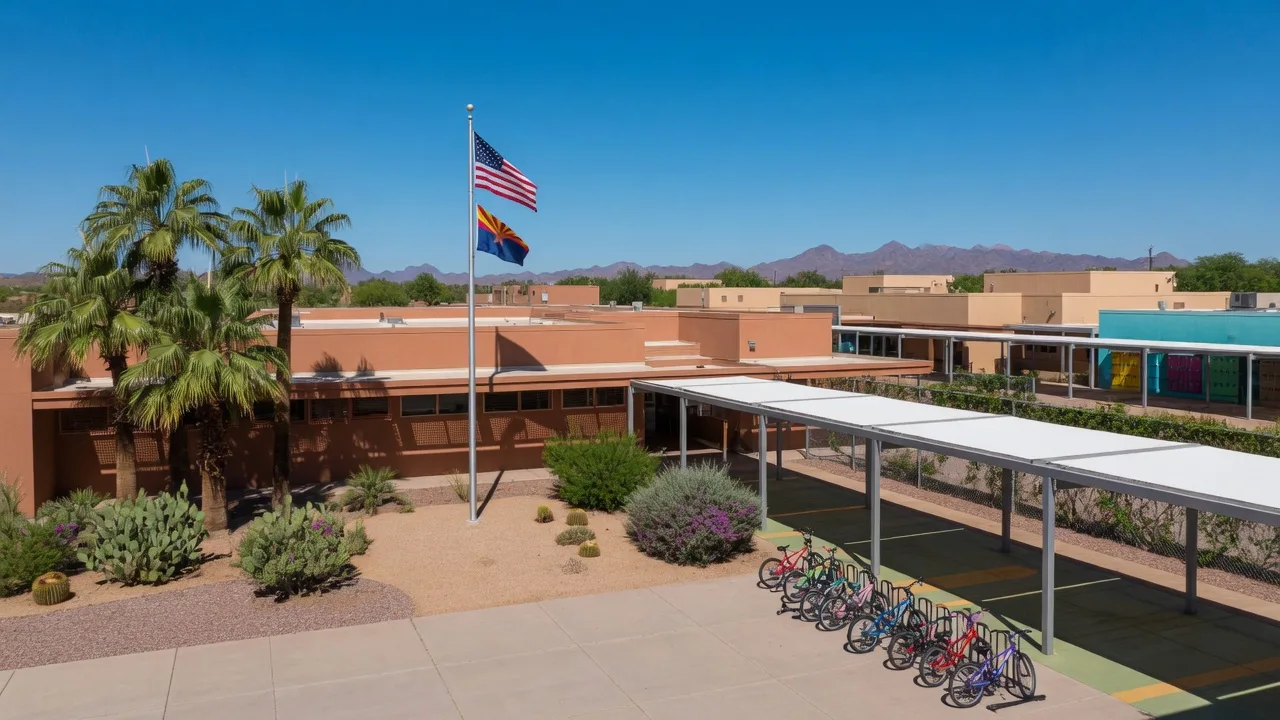 Modern public school campus with desert-tone stucco buildings and covered walkways