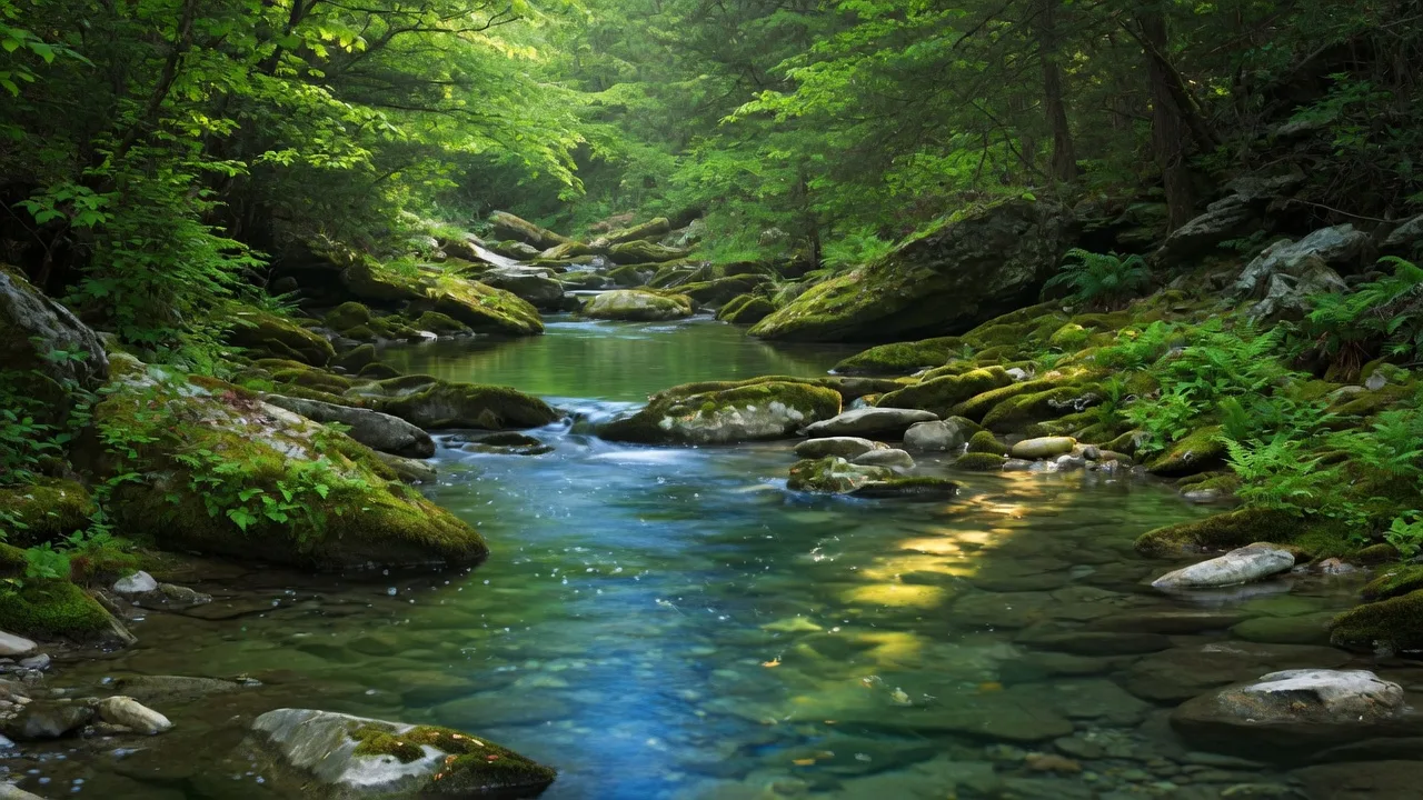 Crystal clear Ozarks spring-fed stream with blue-green water flowing over smooth rocks