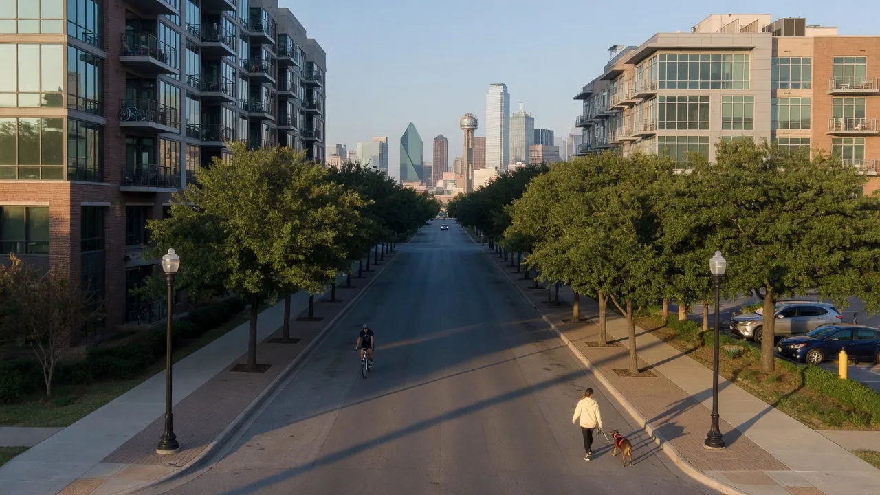 Tree-lined street in Uptown Dallas with modern mid-rise condo buildings and the downtown skyline in the distance